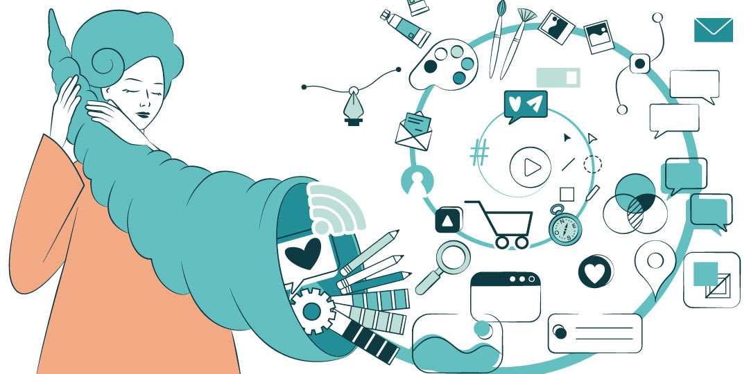 ragazza con cornucopia dalla quale escono icone di grafica illustrazione e marketing - grafica e design