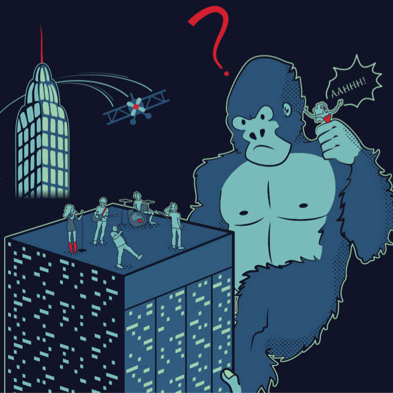 Illustrazione di un gorilla gigante che scala un grattacielo - studio di illustrazione