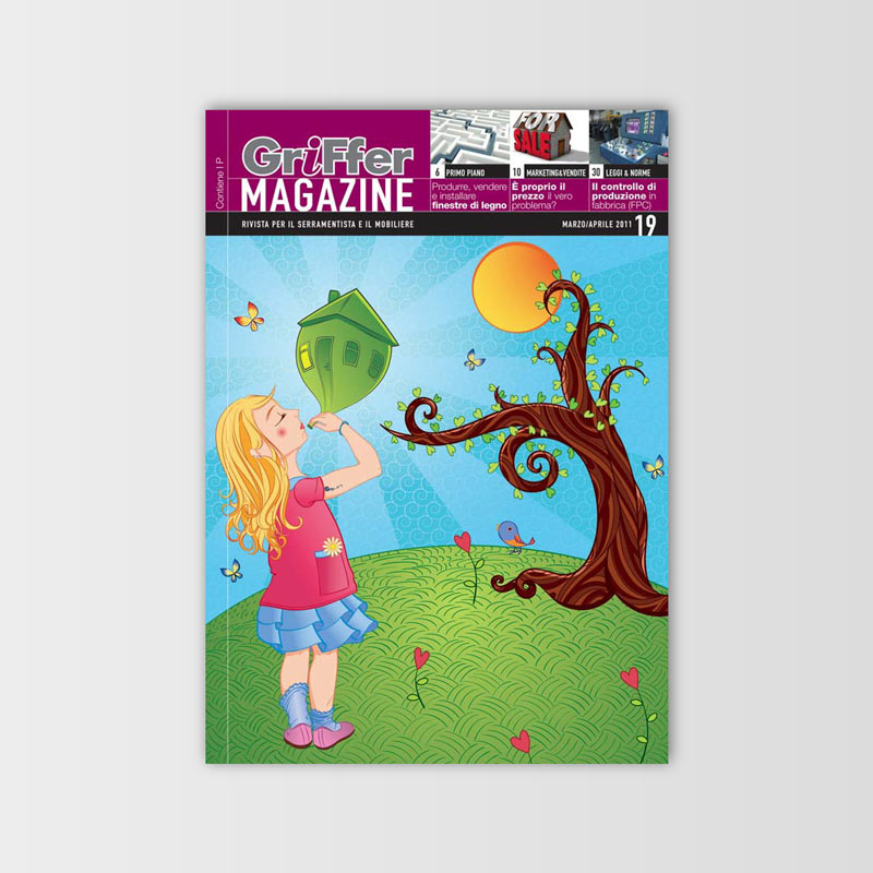Rivista con l'illustrazione di una bambina che gonfia un palloncino a forma di casa